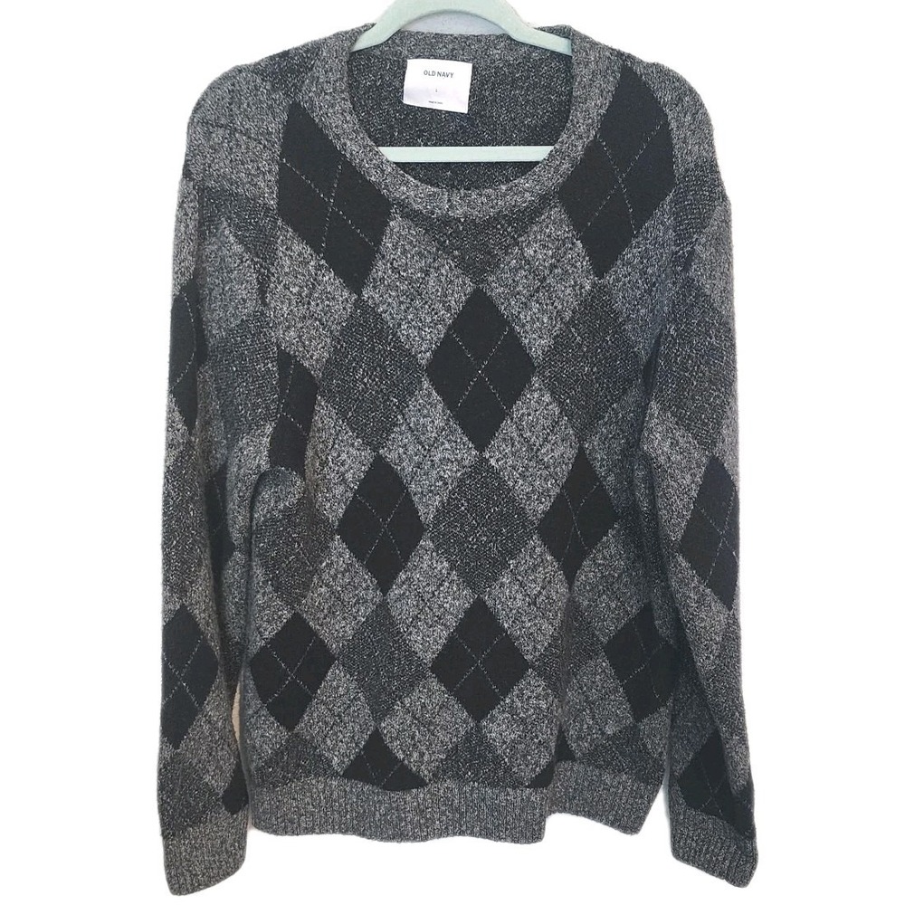 Old Navy Argyle Sweater Mens‎ Large Gray Black Crew Neck Dark Academia Preppy